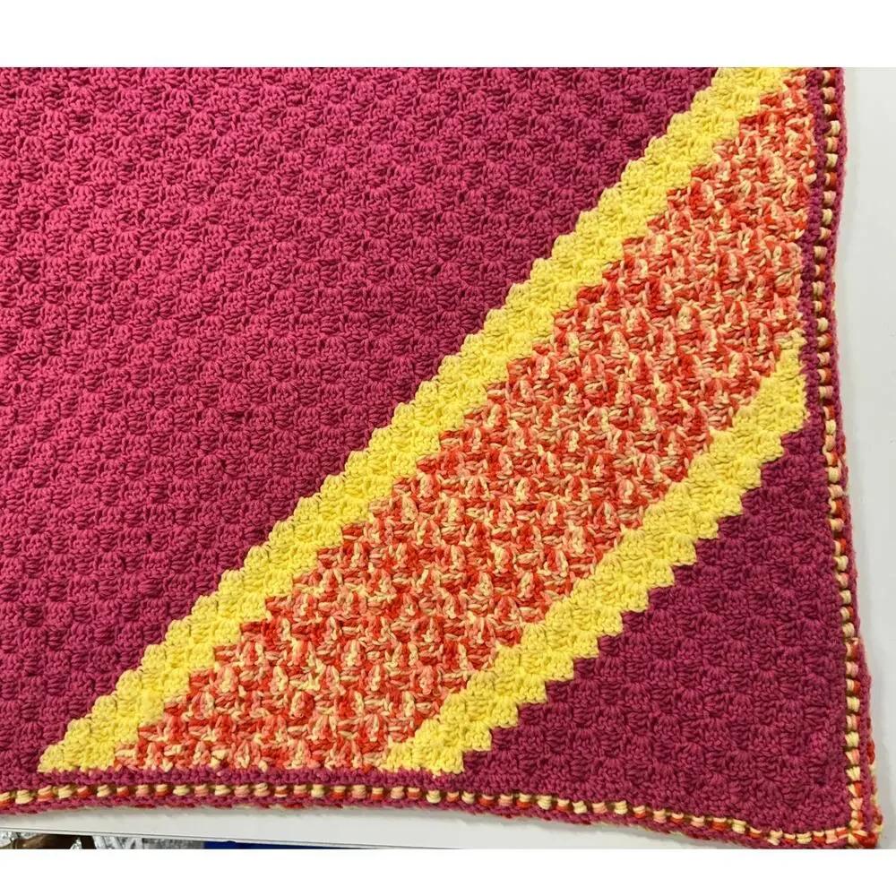 Handmade Crochet Pink with Pale Yellow Acrylic Yarn Afghan Blanket 48